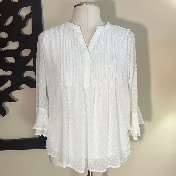 Charter Club flowy white v-neck blouse bell sleeves sheer overlay PL - Picture 2 of 11
